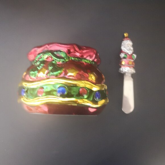 New Boston Warehouse Heirloom Ceramic Dip Bowl & Spreader 14oz Red, Green & Gold - Picture 3 of 4